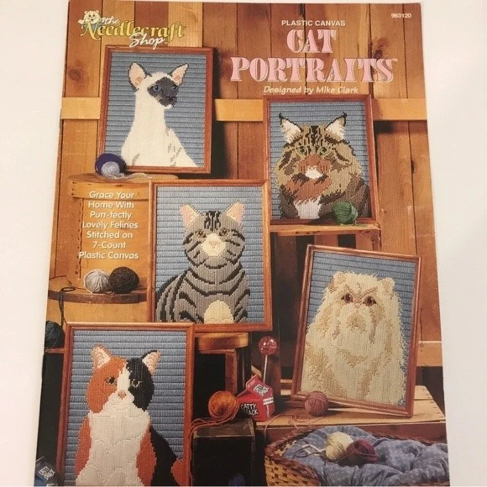 Vintage Plastic Canvas Instruction Booklets Cat Portraits and Poseable Pets